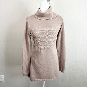 Bylyse Cable Knit Sweater Women's S Tan Camel Hair Mock Neck Knit Tunic